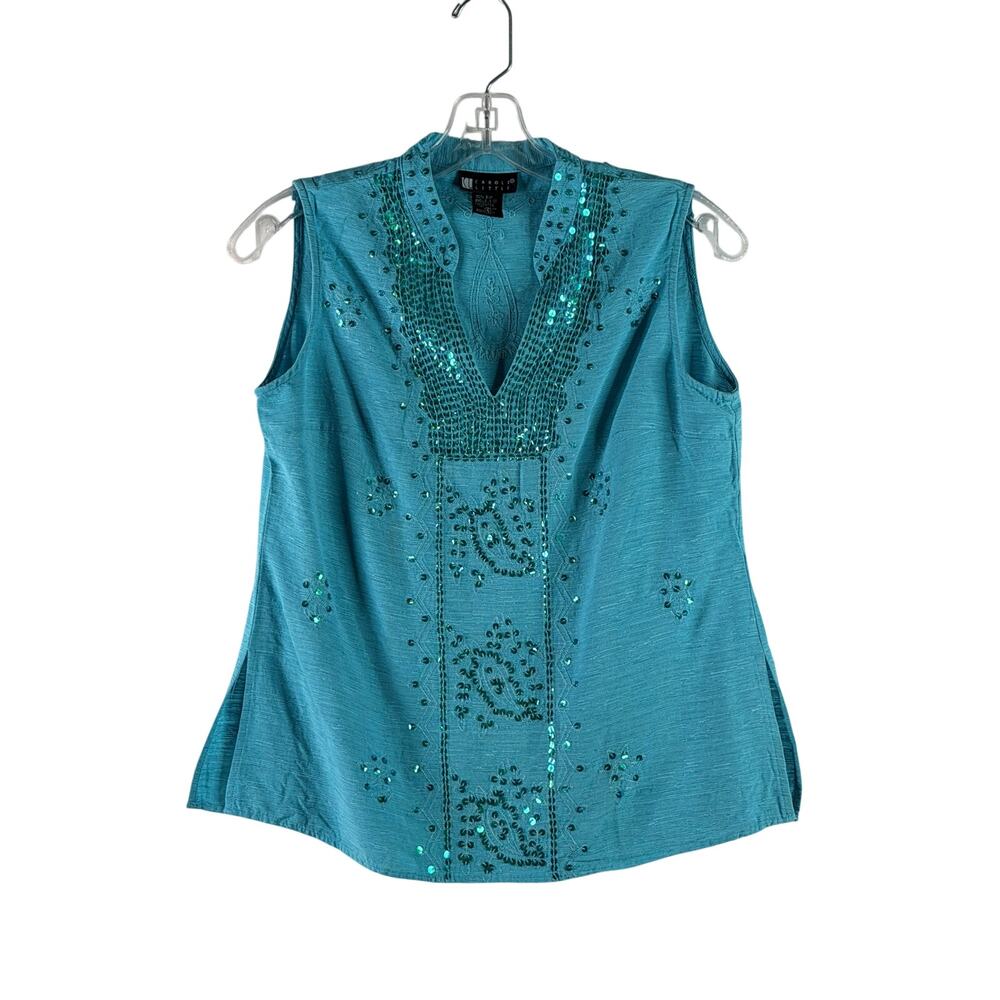 Carole Little Sleeveless Sequin Silk Blouse Top Blue Womens Small